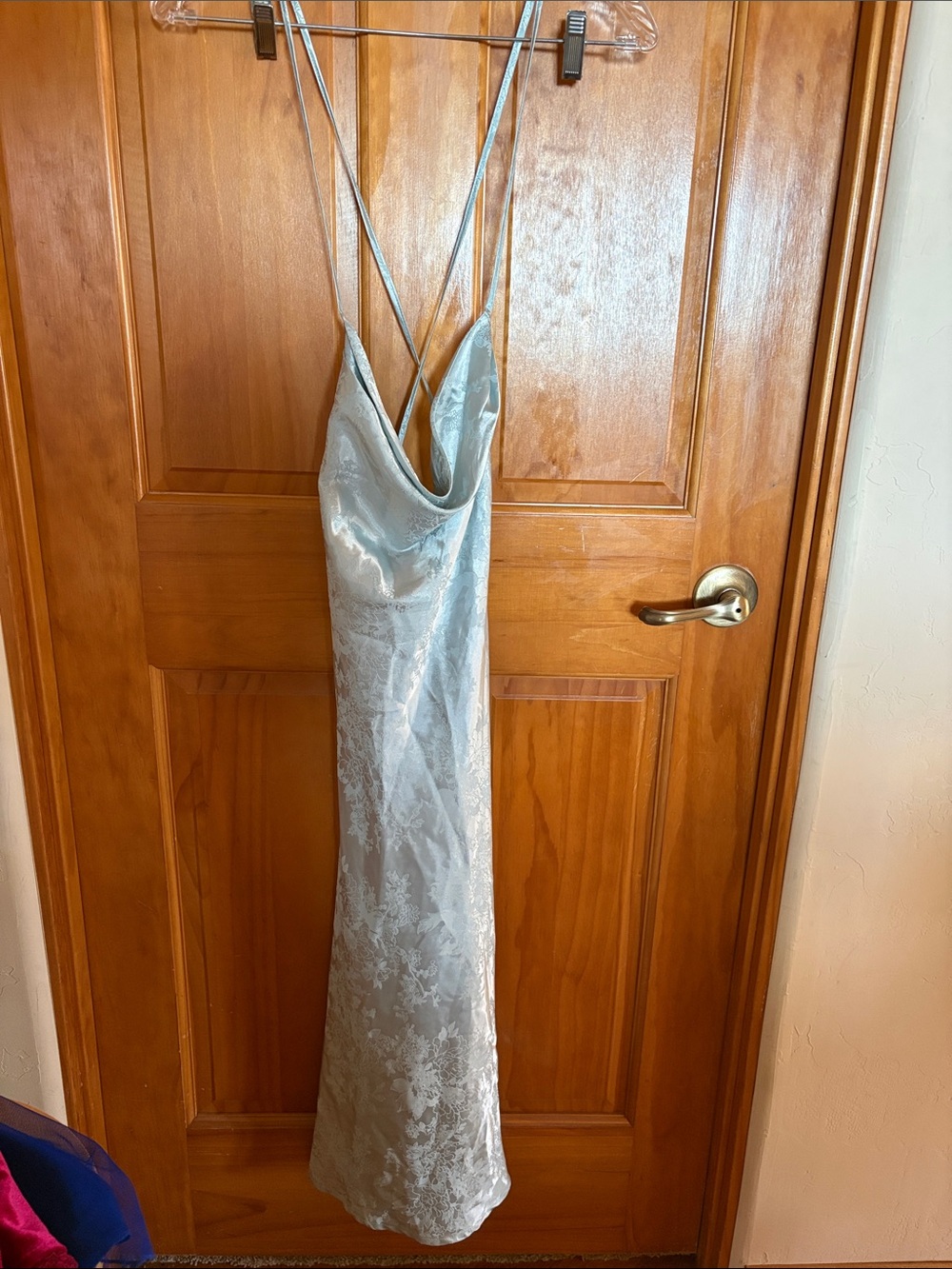 Cider Light Blue Satin Slip Dress with Crisscross Straps